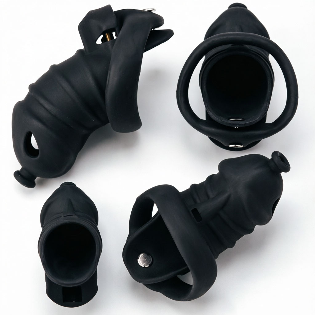 LICKER Cage de chasteté en silicone noir avec 4 anneaux pénien, harnais, ceinture anti-évasion, verrou de pénis d'entraînement, ceinture de fidélité
