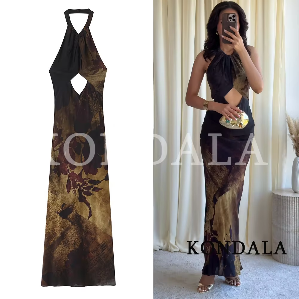 KONDALA Damska Sukienka Vintage z Modnym Nadrukiem, Długa Sukienka Bez Rękawów z Odkrytymi Plecami, Sukienka typu Halter, Nowa Moda 2026, Letnia Sukienka na Wakacje, Plażę i Imprezę