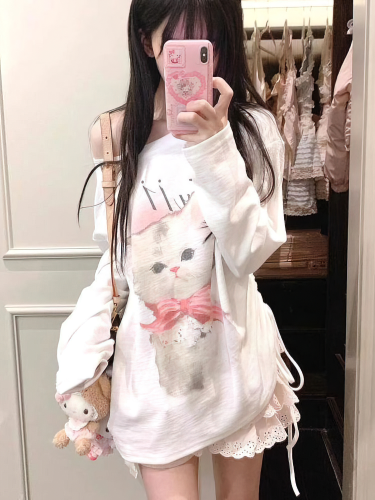 Nette Katze Weiß Oversize Langarm T-shirt Frauen Casual Off schulter Tops Frühling Herbst Grundlegende Tees Koreanische Sanfte Weibliche