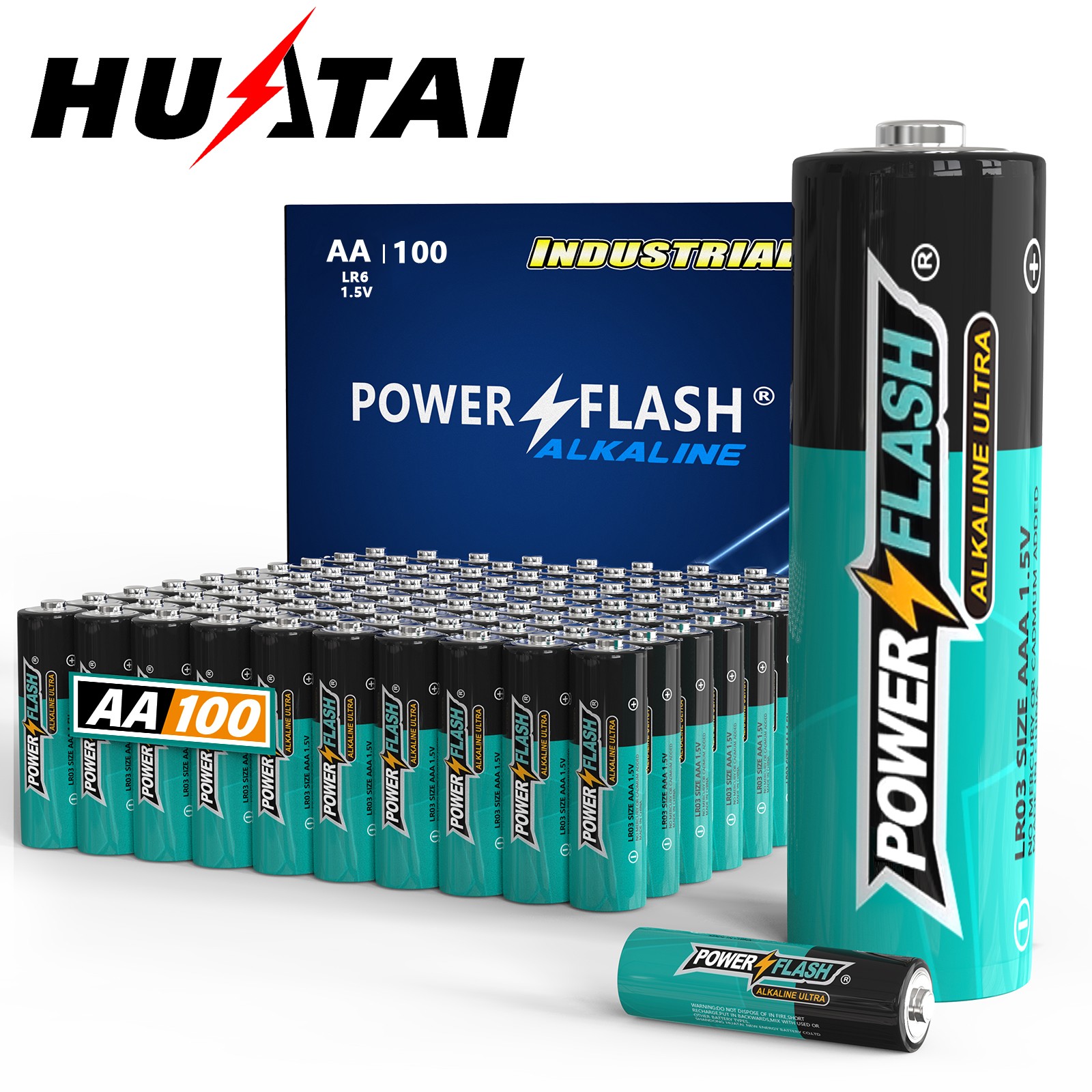 HUATAI PowerFlash AA 100 buah baterai Alkaline tahan lama, double A, LR06 kinerja tinggi baterai untuk rumah, bekerja, berbagai De
