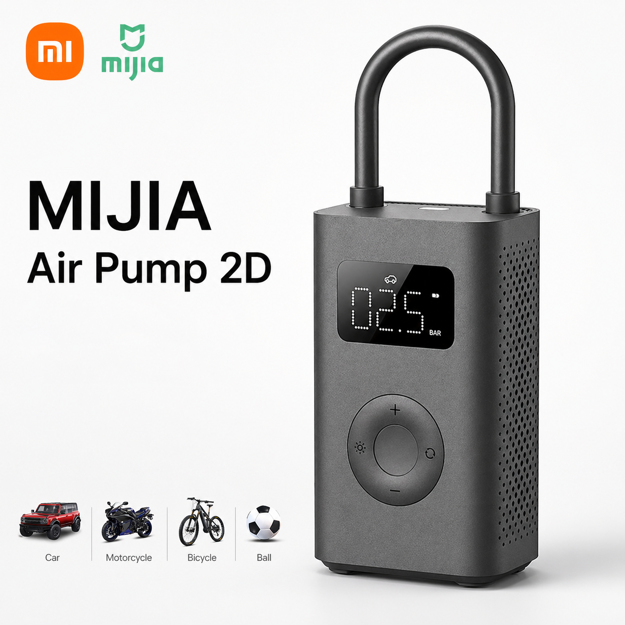 Bomba de Ar Xiaomi Mijia 2D, Inflador de Pneus Portátil — Bomba de Ar para Carro, Bicicleta, Moto e Bolas, Display Digital, Configurações de Pressão
