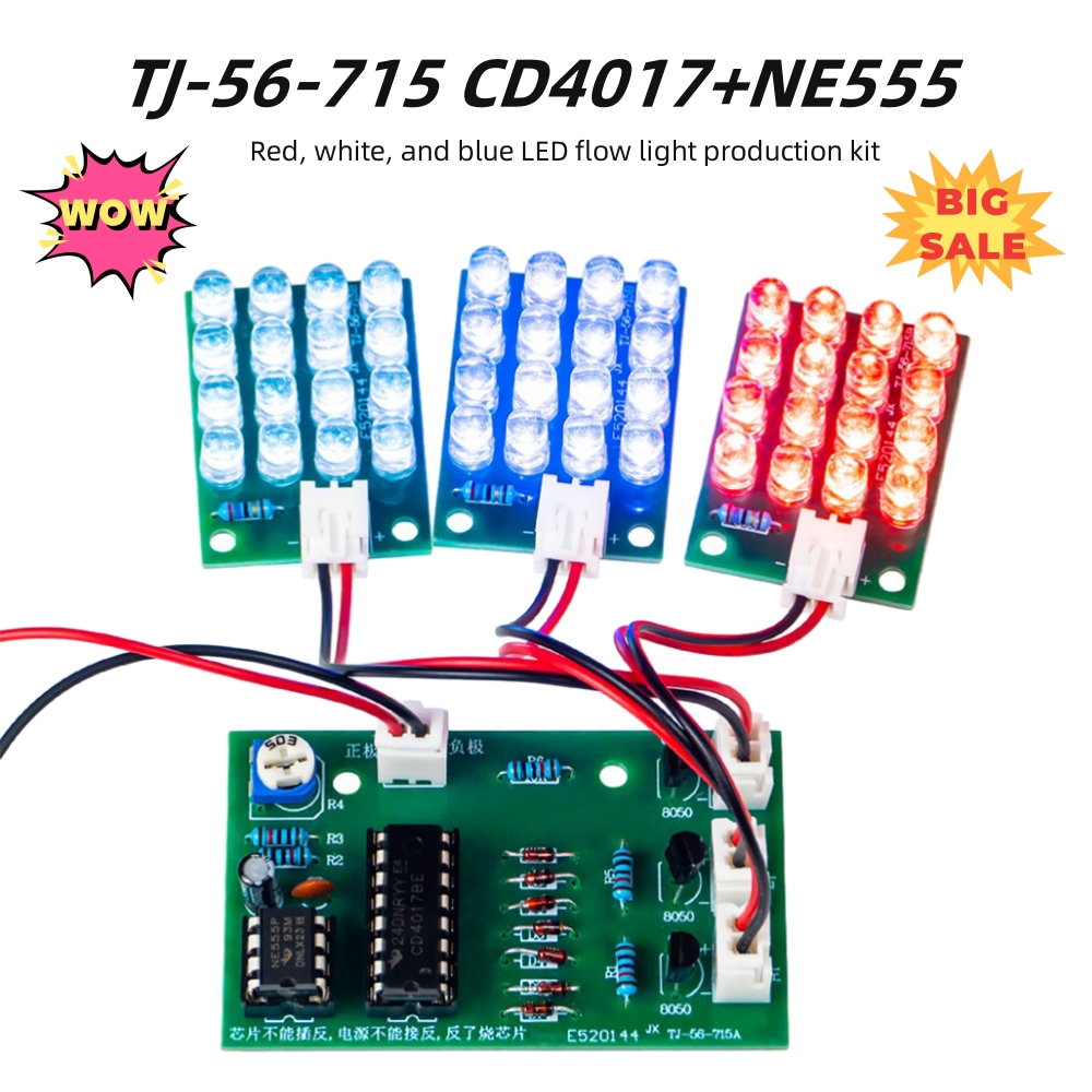 TJ-56-715 CD4017 + NE555 czerwony, biały, niebieski trzykolorowy zestaw do produkcji światła LED DIY nauka części elektronicznych