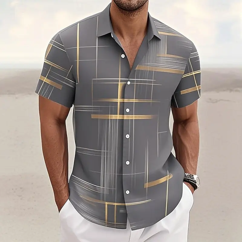 Camisa con botones a cuadros geométricos para hombre, camisa informal de moda para vacaciones al aire libre, tendencia urbana, camisa de manga corta con estampado 3D