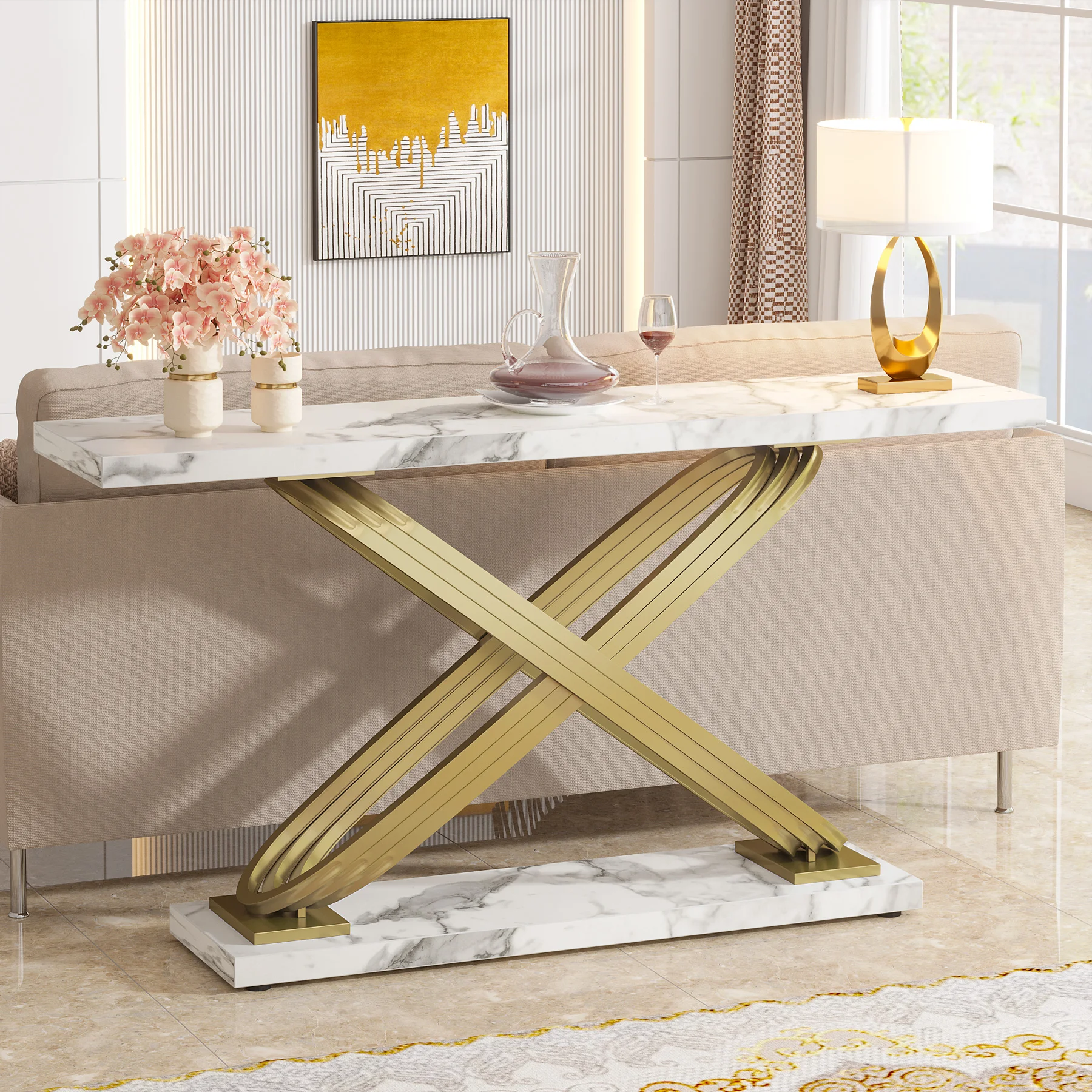 Tribesigns 55 นิ้วโต๊ะคอนโซลโมเดิร์น,Faux Marble Gold Entryway ตารางด้านหลังโซฟาโซฟา,แคบสี่เหลี่ยมผืนผ้าโซฟาตาราง