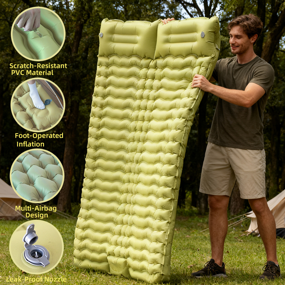 Ultralicht dubbel slaapmatje voor kamperen, opblaasbaar matras met ingebouwd kussen en voetpomp, compact voor 2 personen