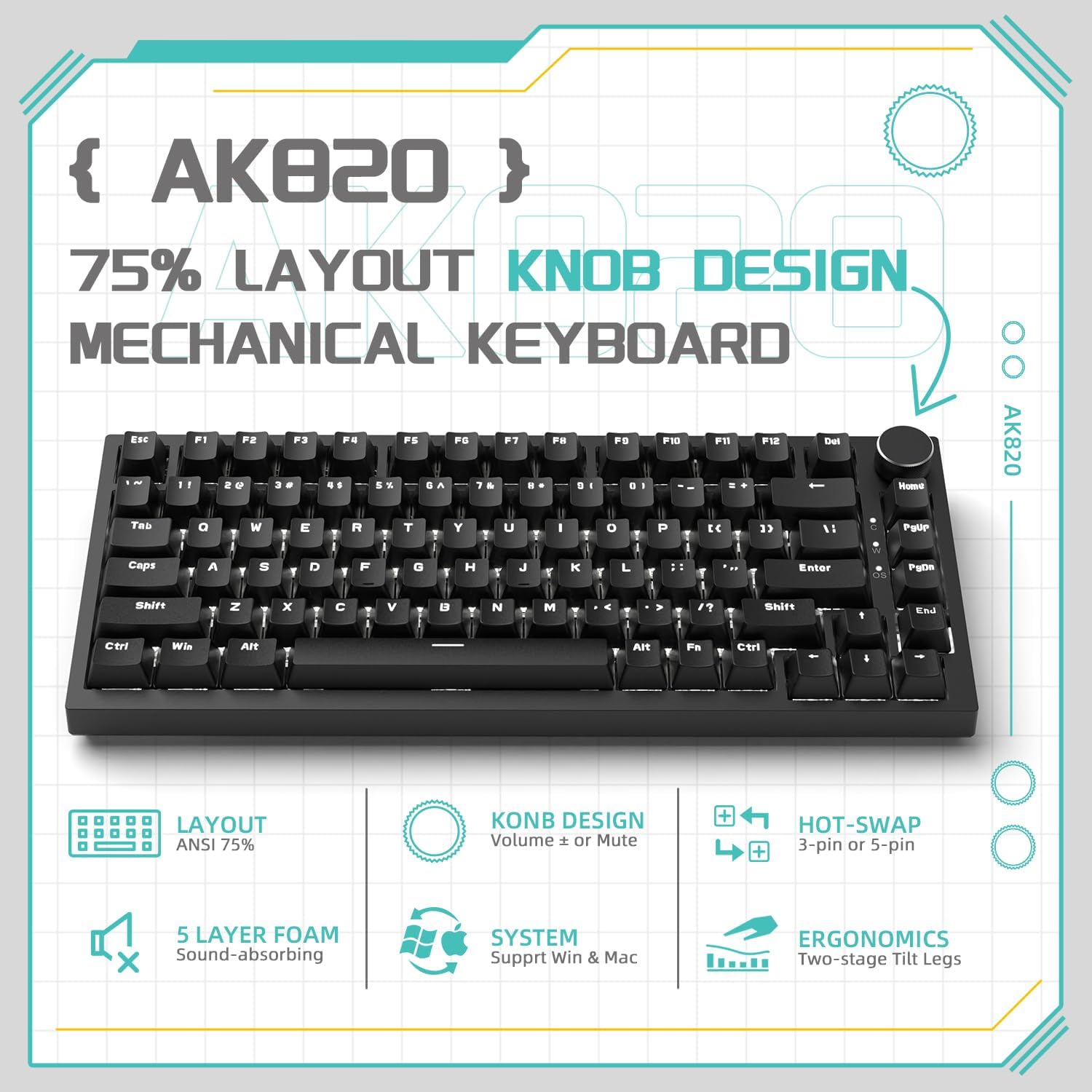 AJAZZ AK820 Clavier de jeu mécanique filaire à disposition 75 %, avec bouton de volume, LED orientées vers le bas, touches PBT, RVB programmable