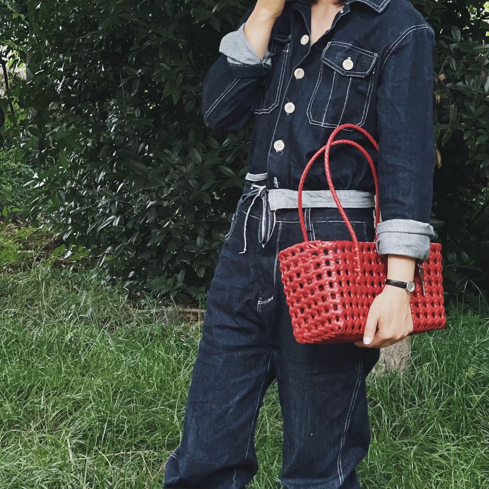 Kunststoff Hohl Weben Tasche Landschaft Stil Große Kapazität Gemüse Korb Tasche Eimer Tasche Urlaub Stil Strand Tote Tasche Mädchen