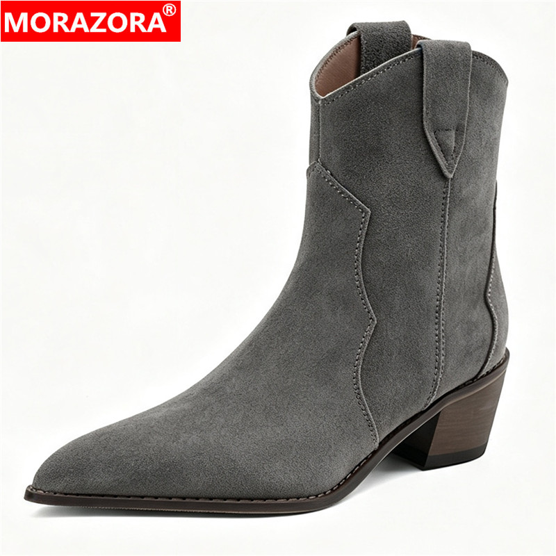 MORAZORA Botas femininas de couro de camurça tamanho grande 34-44, botas ocidentais para mulheres, outono inverno, cinza, marrom, sapatos de calçar