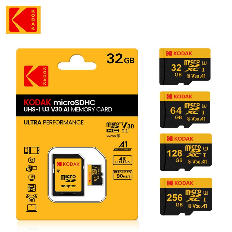 Kodak Micro SD Card Memory Card classe 10 32GB 64GB 128GB 256GB U3 4K ad alta velocità Cartao De Memoria Memoria Memoria Flash TF Mecard C10
