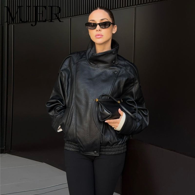 MUJER Chaquetas negras de piel sintética para mujer, prendas de vestir exteriores, chaqueta Bomber de oficina para mujer, chaqueta de entretiempo con botón a presión para mujer, abrigo