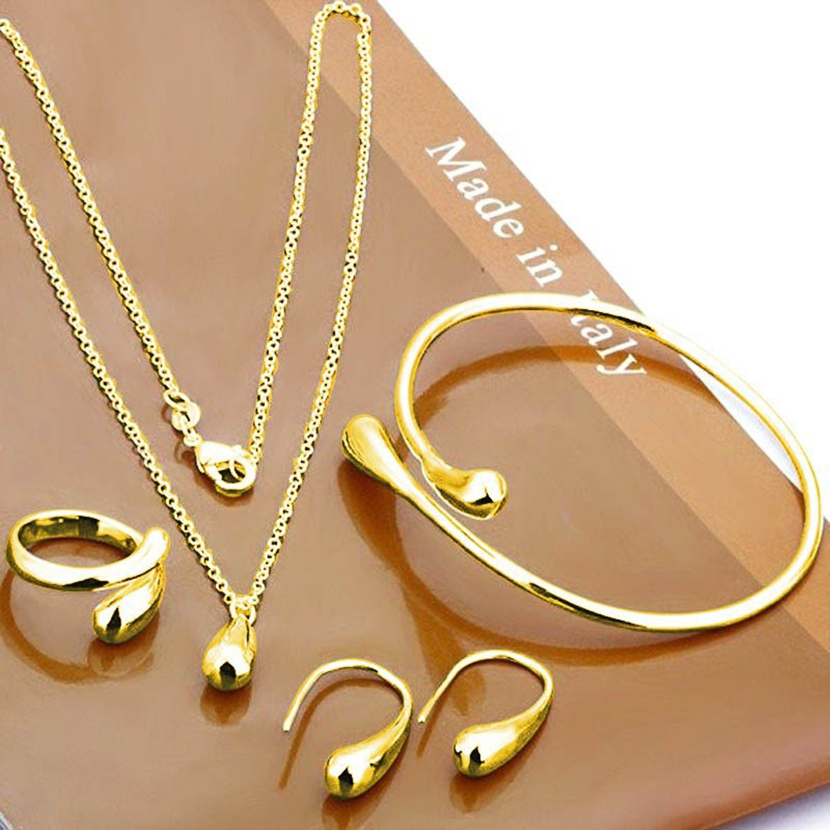 5-teiliges Set mit gebogenen Bohnen-Wassertropfen-Ohrringen für Damen, Halskette, Armband, Ring, Hochzeit, Bankett, Party, Urlaub, Geschenke-8127