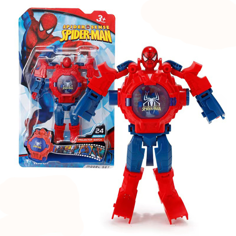 24 padrões de projeção spiderman crianças relógios crianças brinquedos deformação robô projeção relógio eletrônico escola presente natal