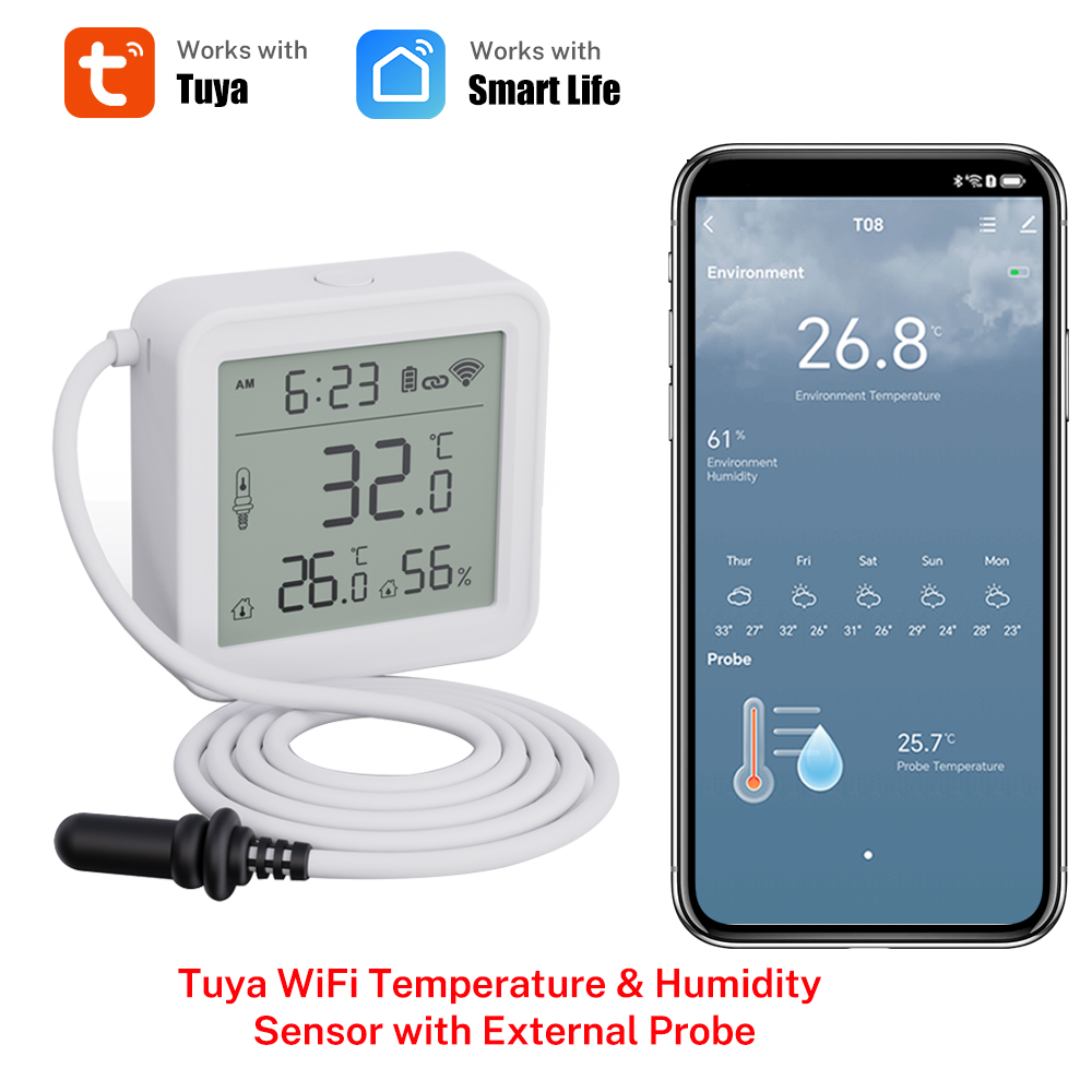 Tuya Sensor Kelembaban Suhu WiFi, dengan Probe eksternal untuk aplikasi higrometer rumah pintar, pemantauan aplikasi untuk tanaman akuarium pabrik