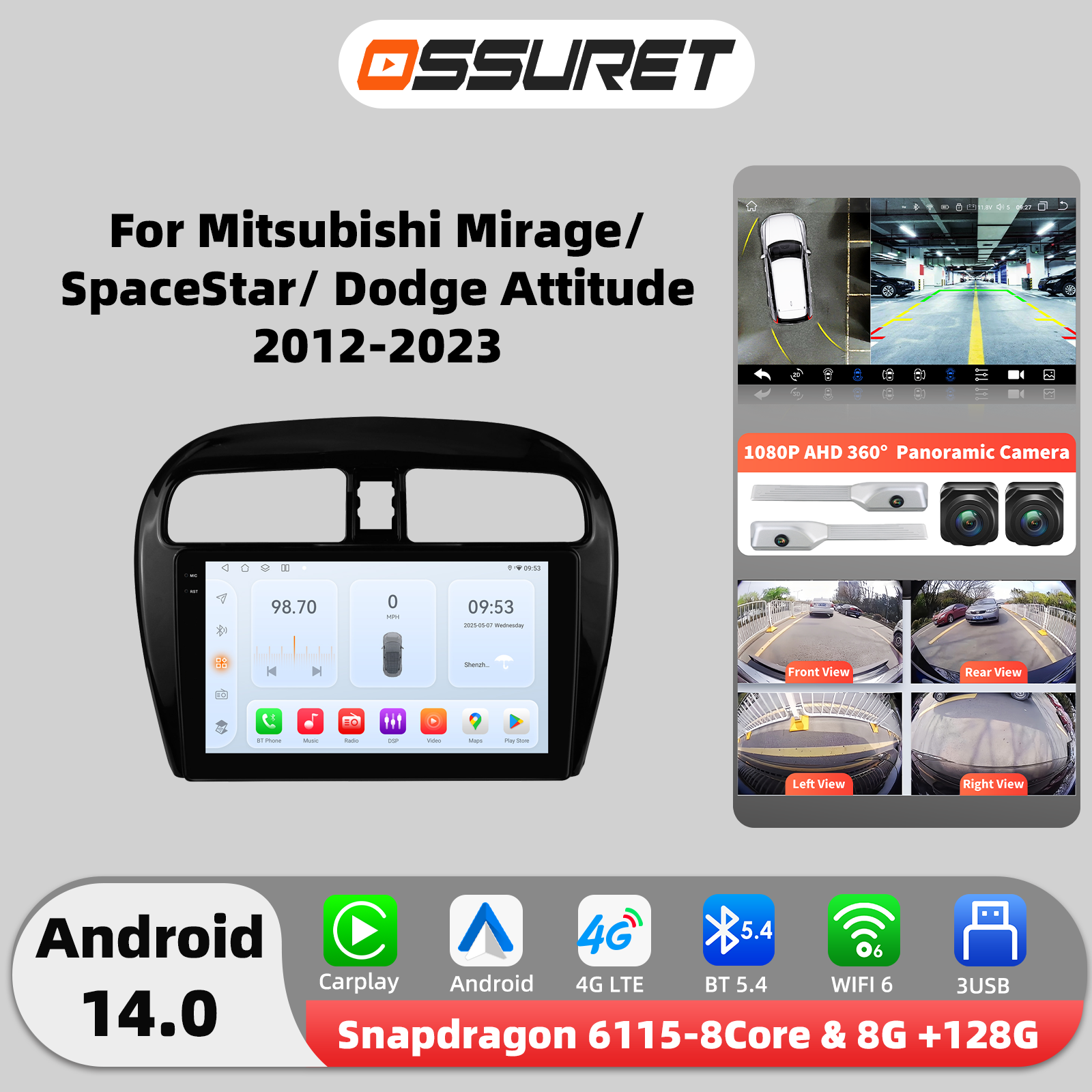 Radio samochodowe 6115 Carplay Android14 do Mitsubishi Mirage Attrage Space Star Dodge Attitude 2012-2023 odtwarzacz multimedialny GPS Stereo