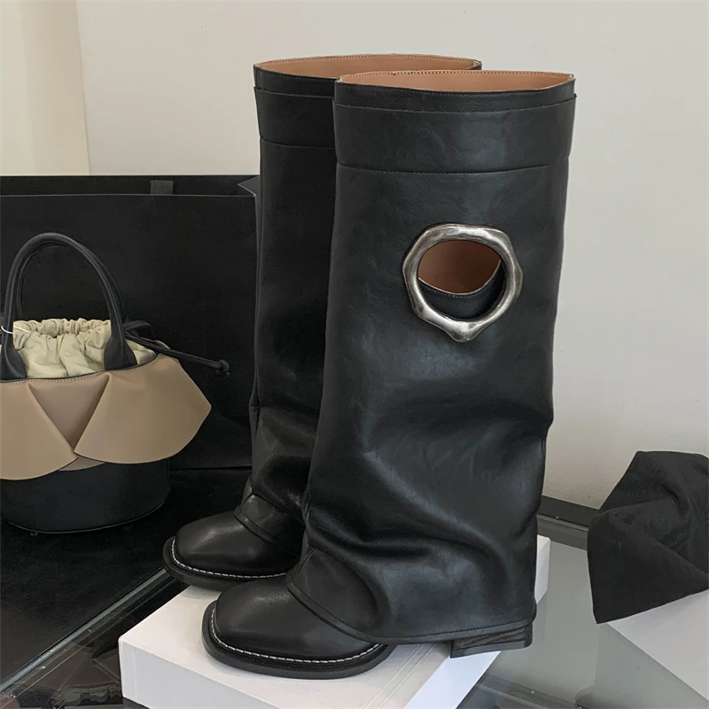 Eilyken Vintage Fashion Design Hollow Out Dames Kniehoge Laarzen Ronde Neus Vierkante Hakken Vrouwelijke Schoenen Botas De Mujer