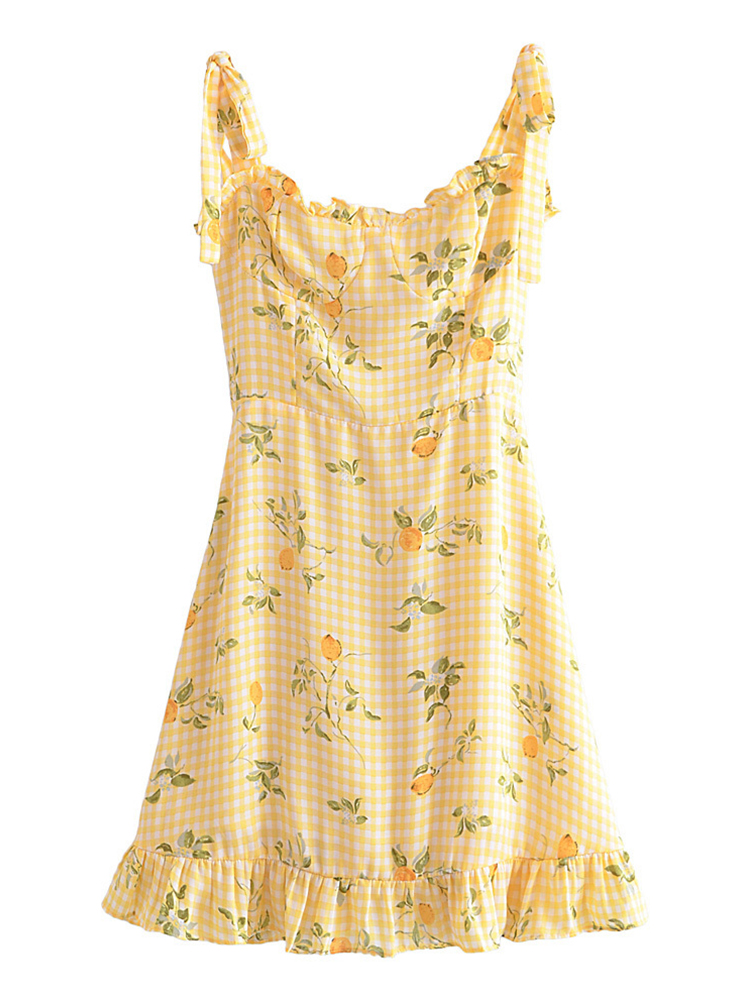 YENKYE-Vestido corto a cuadros con estampado de limón para mujer, traje Vintage de gasa con corte en A, estilo francés, para verano, 2022