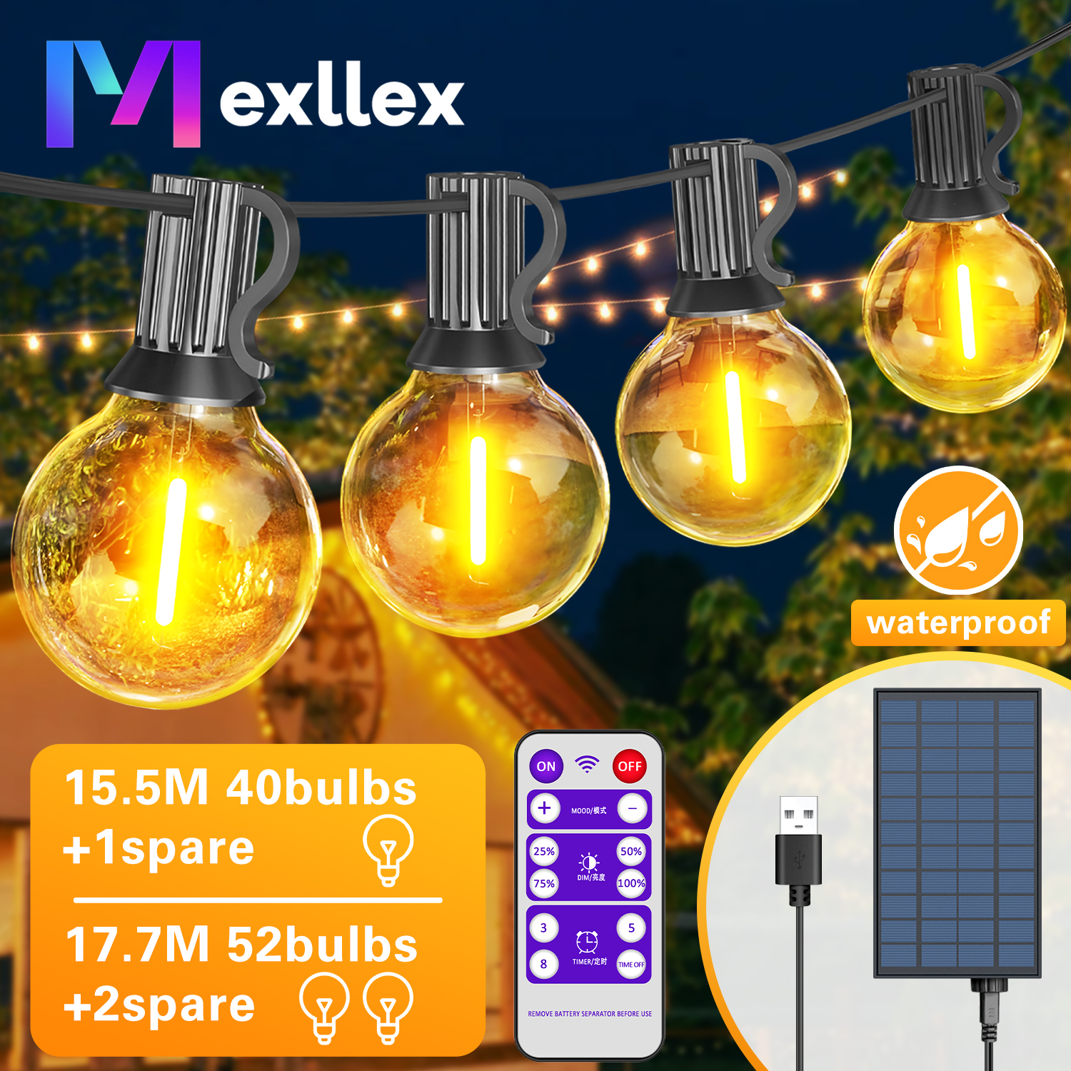 Guirlande solaire Globe G40 pour l'extérieur, 8 Modes d'éclairage, Charge USB et télécommande, ampoules en plastique étanches pour balcon, guirlande de mariage