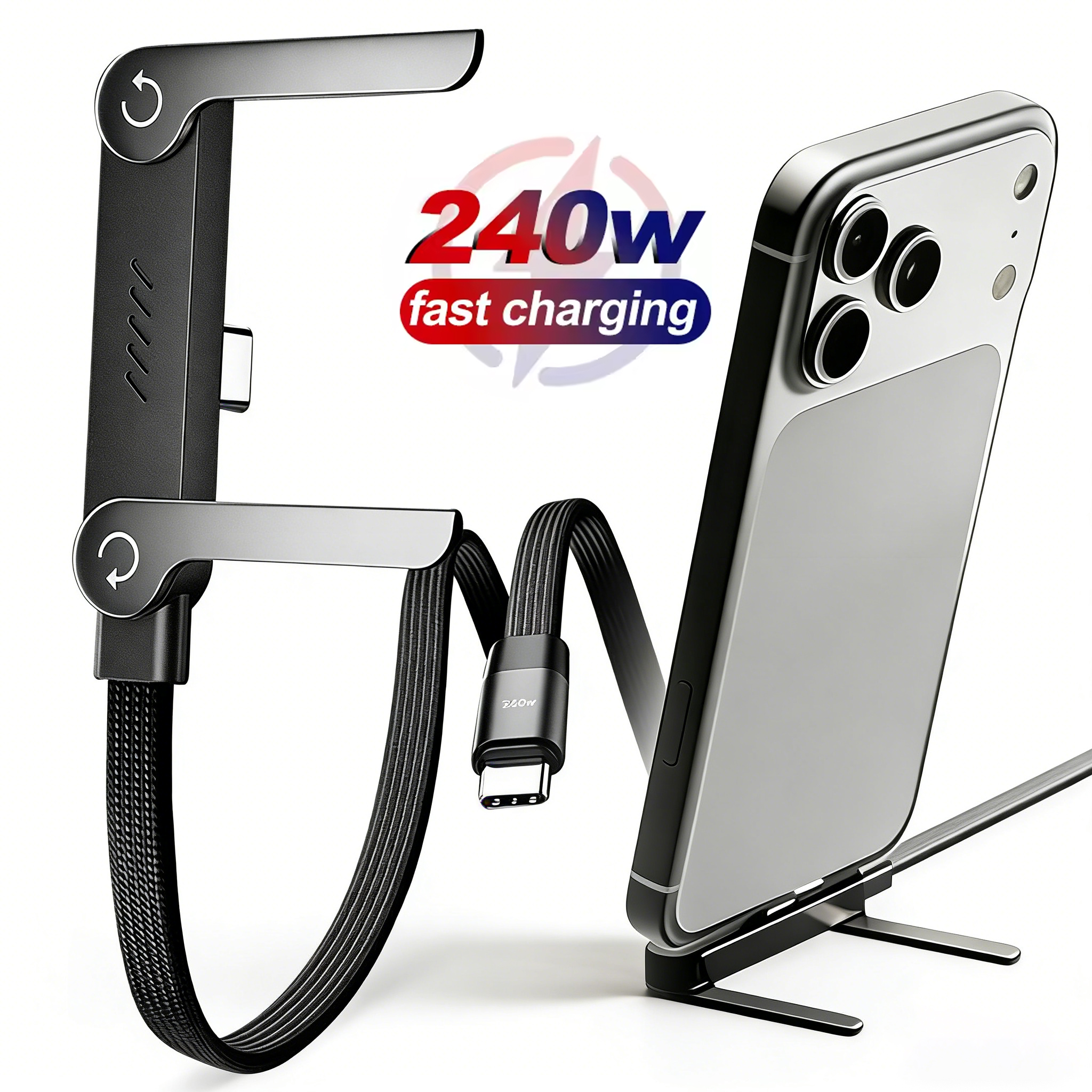 240W Elbow Type C Fast Charging Data Cable Foldable Phone Stand Holder Nylon Braided for iPhone 17 16 15 Samsung Xiaomi Huawei