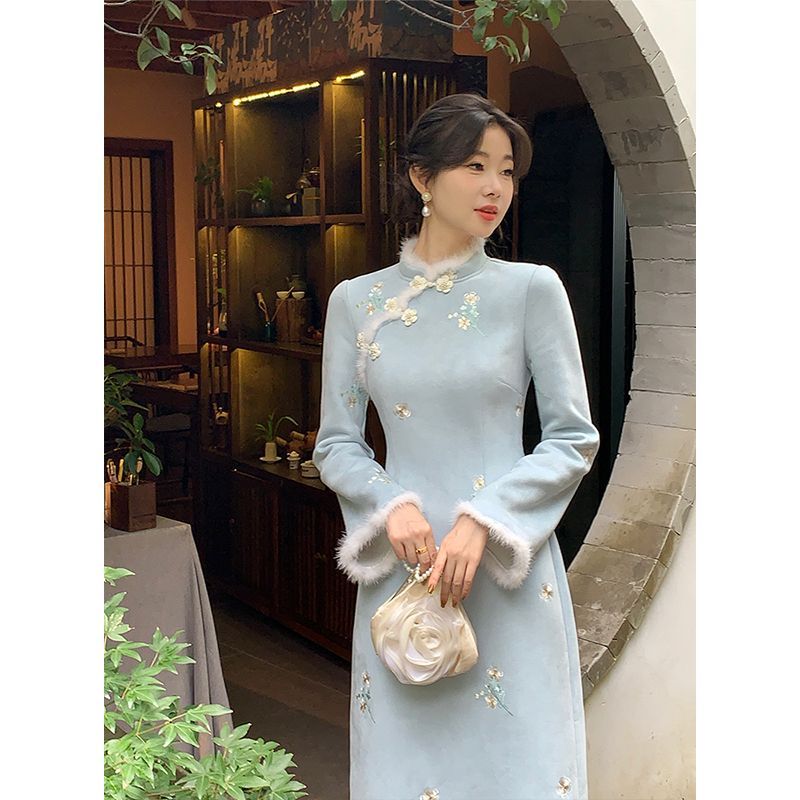 Qipao tradicional chino para mujer, vestido Cheongsam, ropa de otoño e invierno, temperamento de flores suaves, bordado elegante, Vintage