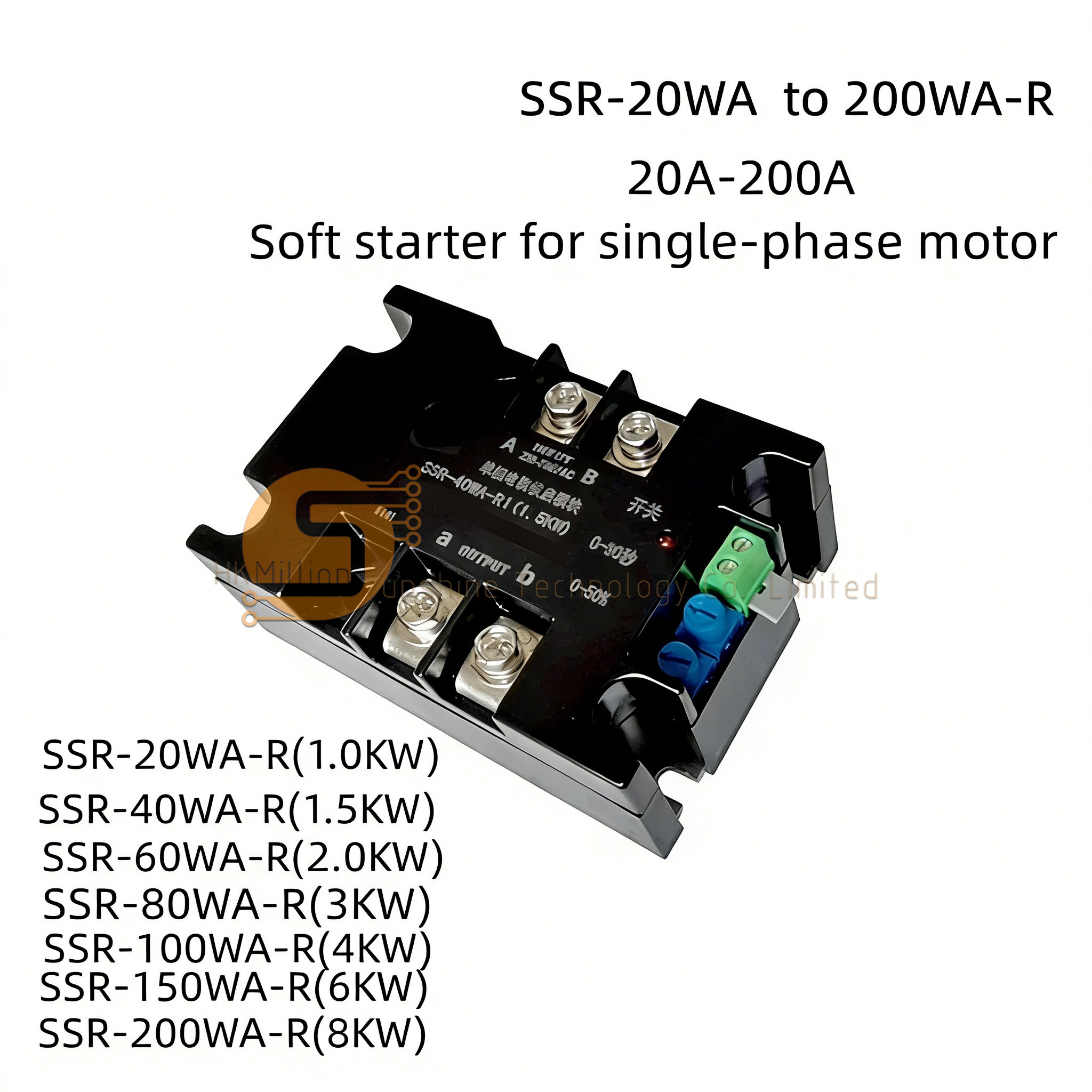 Démarreur progressif intelligent monophasé 220V, module de démarrage progressif, compatible 50-60HZ, 2/3/4/6/8KW, SSR-100WA-R(4KW)