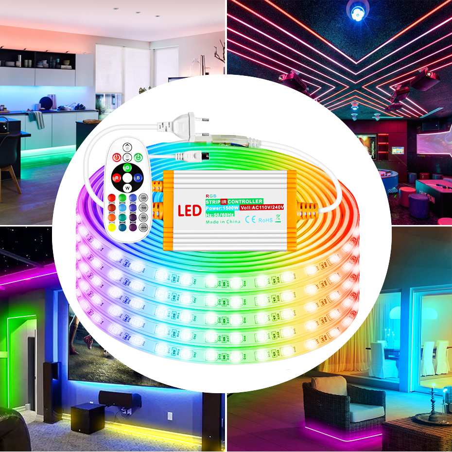 Светодиодная лента RGB 220В EU, 4-контактная, 5050, суперяркая, гибкая, водонепроницаемая IP67, 1м-50м, 60 светодиодов/м, с ИК-пультом дистанционного управления 1500W