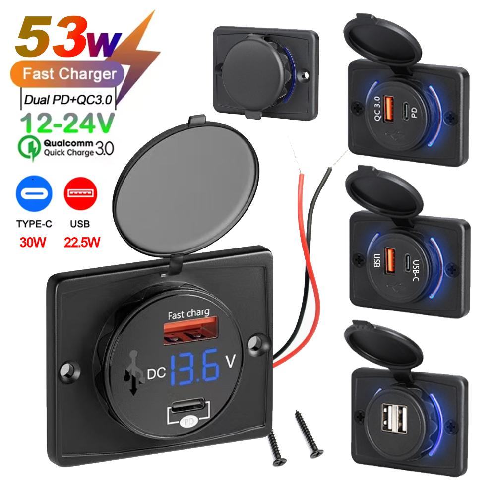 12V/24V QC3.0 USB PD Fast Charger with Cover Waterproof Fast Charging LED Light USB Charger for Cars Boats Buses and RVS