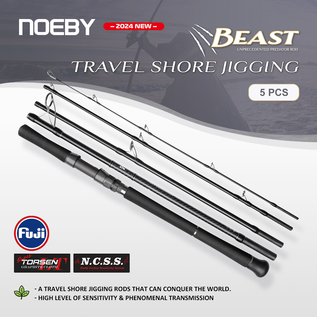 Canne à pêche Noeby 5 sections Beast Travel Shore Jigging 2.7m 2.9m, résistance 10kg, leurre 80g, kit Fuji, cannes à pêche spinning pour la pêche en bord de mer