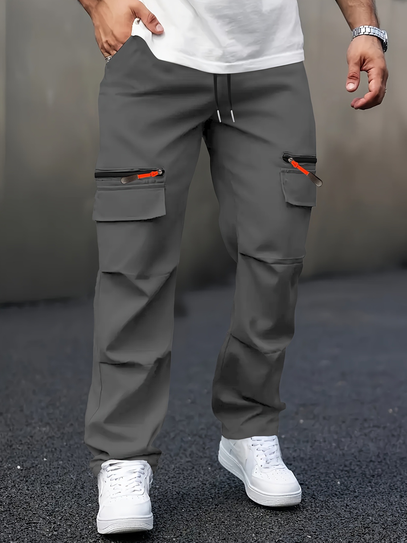 Calças Cargo Casuais Masculinas com Múltiplos Bolsos - Corte Reto, Ajuste Solto, Detalhes com Zíper, Perfeitas para Primavera e Outono