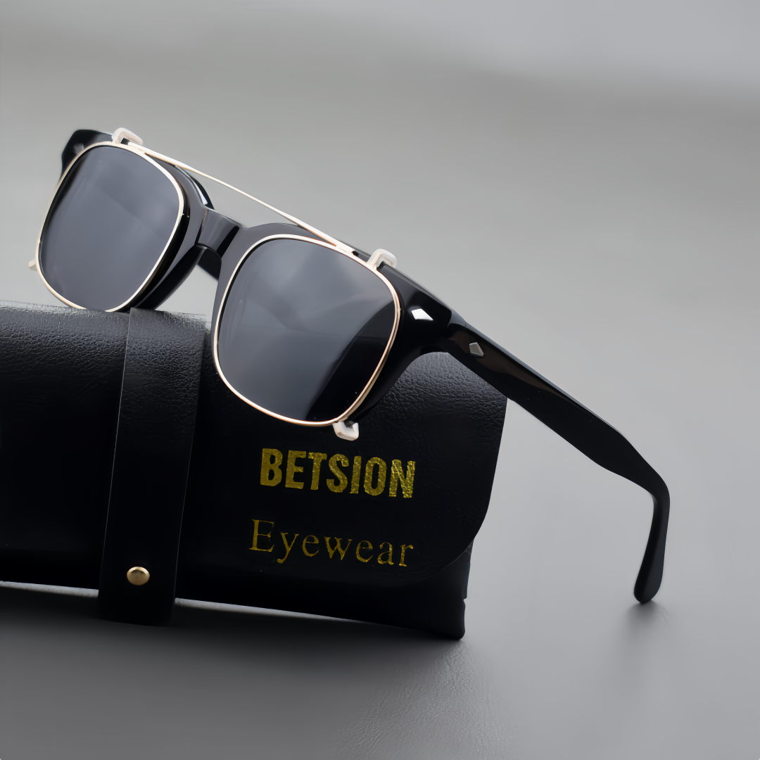 BETSION Handmade Square Acetate Eyeglasses Frame Full Rim Eyewear with Clip-on Polarized Lens for Men Women Casual & Travel