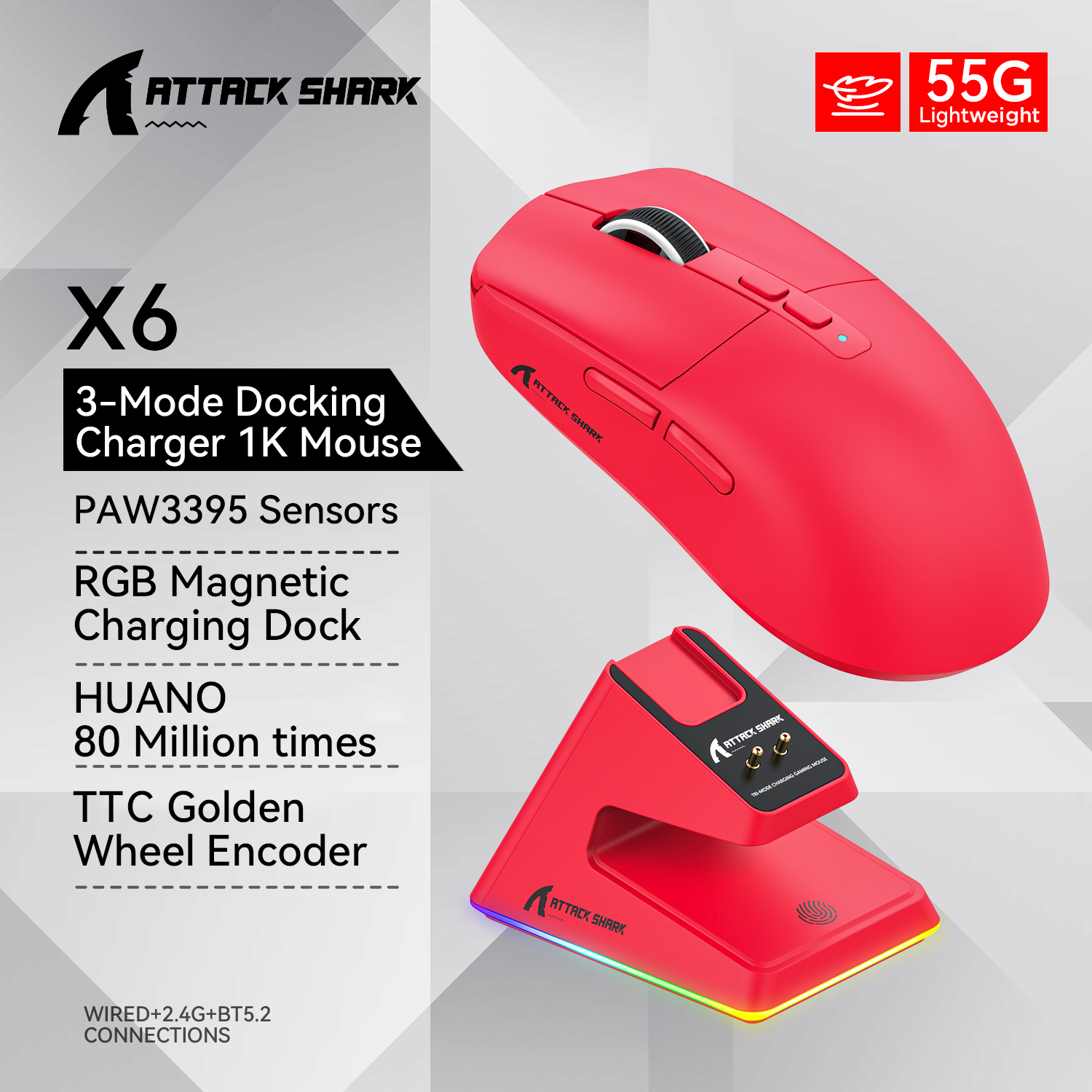 Ratón Bluetooth Attack Shark X6 PAW3395, conexión triple modo, Base de carga magnética táctil RGB, ratón Macro para juegos