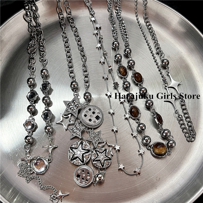 อินเทรนด์Punk Retroปุ่มStarจี้เงินสีChokerสร้อยคอผู้หญิงผู้ชายCharm Y2KฉากEMO Grungeอุปกรณ์เสริมเครื่องประดับ