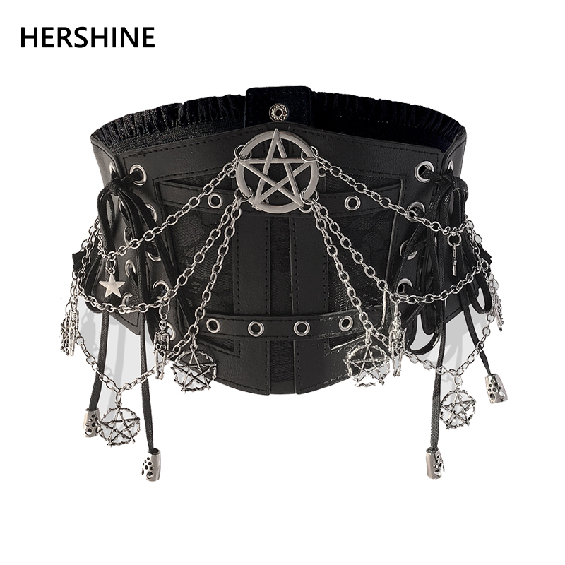 HERSHINE Damen Schwarzer modischer Sternketten-elastischer breiter Taillengürtel, Y2K Gothic Punk Harajuku Rock Hip Hop Zubehör, Frühling, Sommer