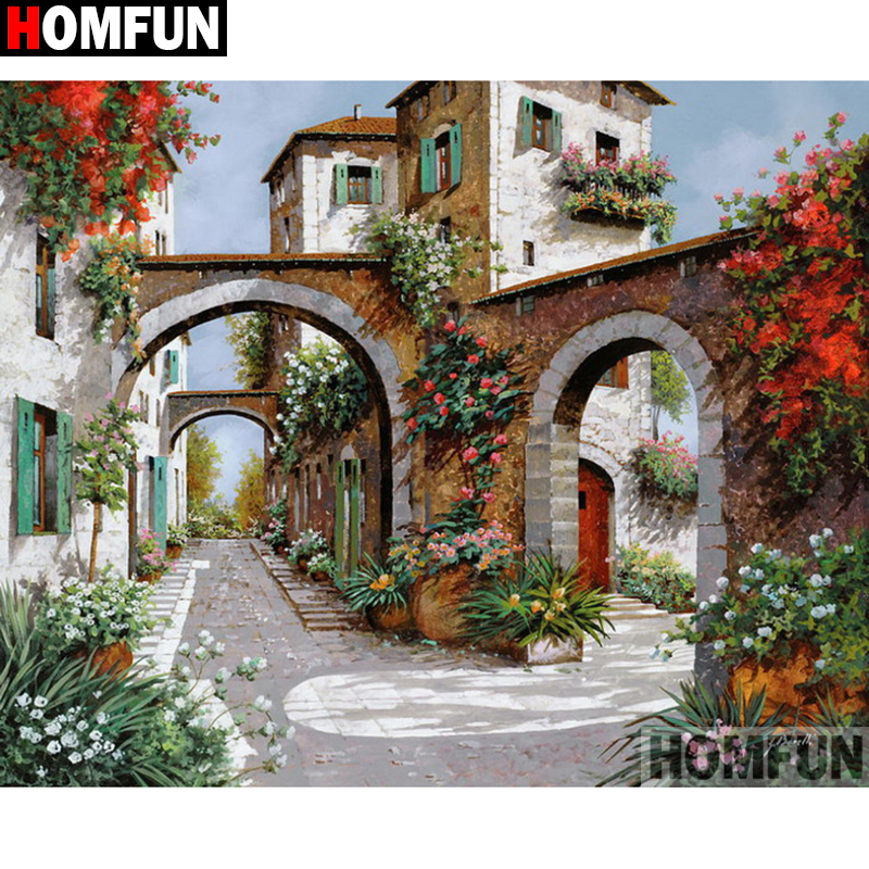 HOMFUN-pintura de diamante 5D DIY "paisaje de casa", cuadrados o redondos de imitación bordado de diamantes, estilo punto de cruz 5D, A07830