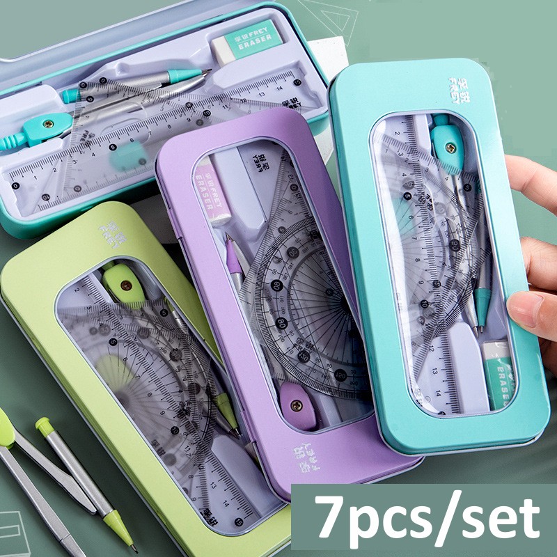 7 teile/satz Lineal Dreieck Lineal Kompass Bleistift Set Geometrie Mathe Student Zeichnung Briefpapier für Jungen Mädchen Geschenk Schul bedarf