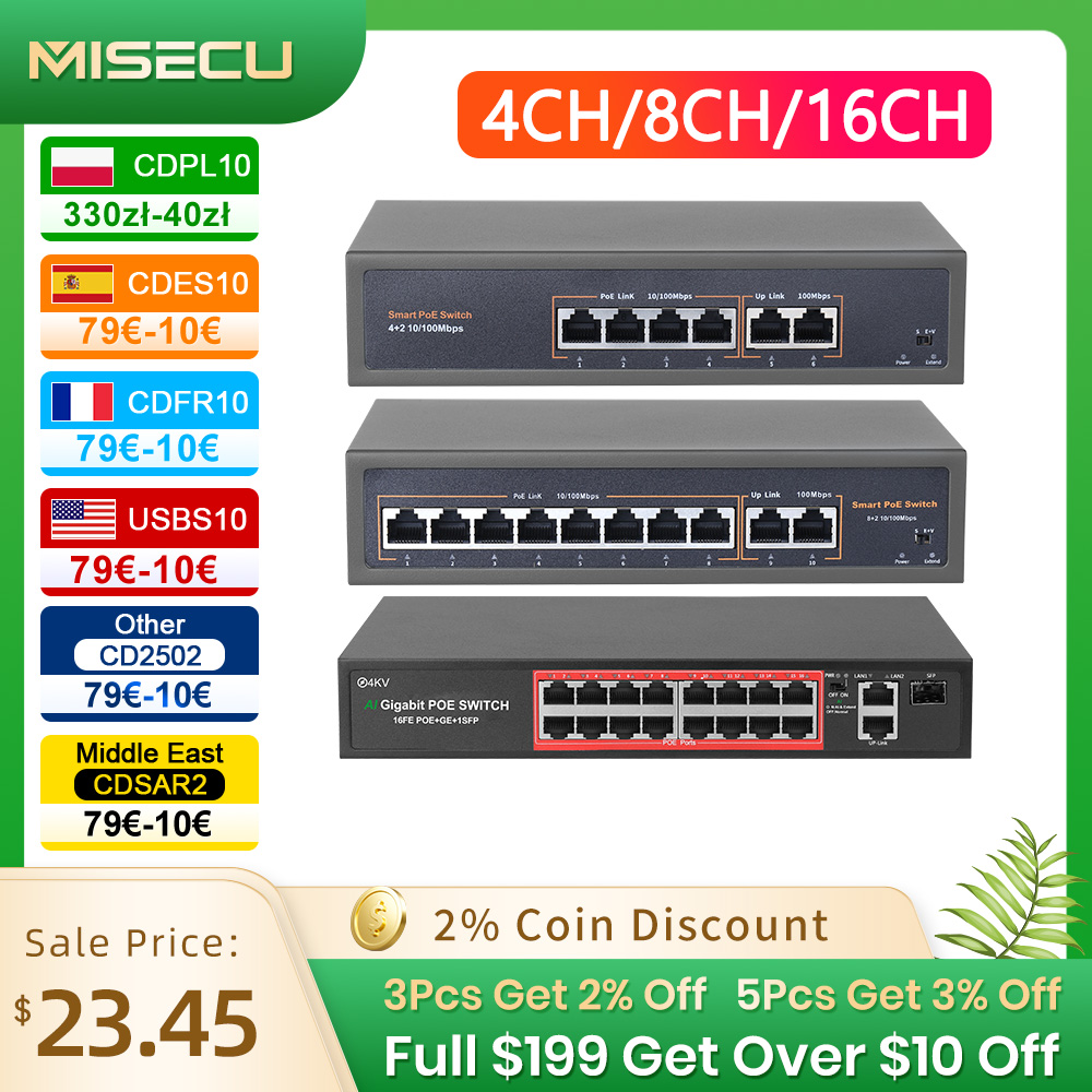 Commutateur POE réseau avec caméra IP Ethernet, système de caméra de vidéosurveillance sans fil, IEEE 100 PG/at, 4 CH, 8 CH, 16CH, ports 10 Mbps, 802.3 Mbps, 48V