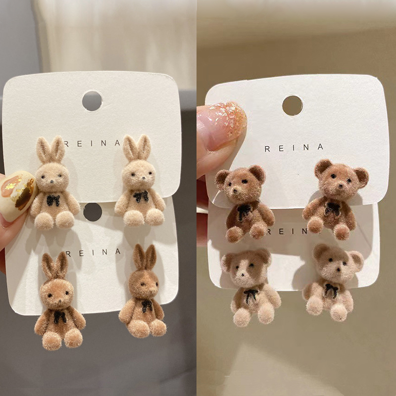 Nuovo design carino floccato peluche coniglio orecchini con perno per le donne moda coreana marrone animale orso orecchino gioielli festa ragazze regalo