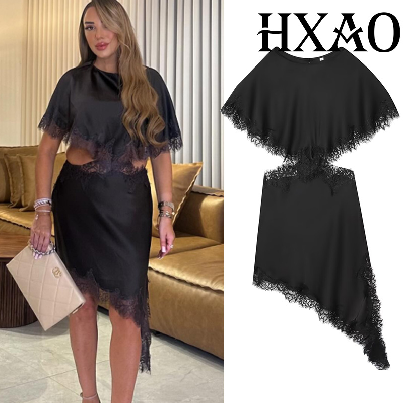 Sukienka HXAO z wycięciami, czarna, damska, asymetryczna, koronkowa sukienka midi z rękawami typu cape, elegancka sukienka na przyjęcie, seksowna, luksusowa sukienka koktajlowa.