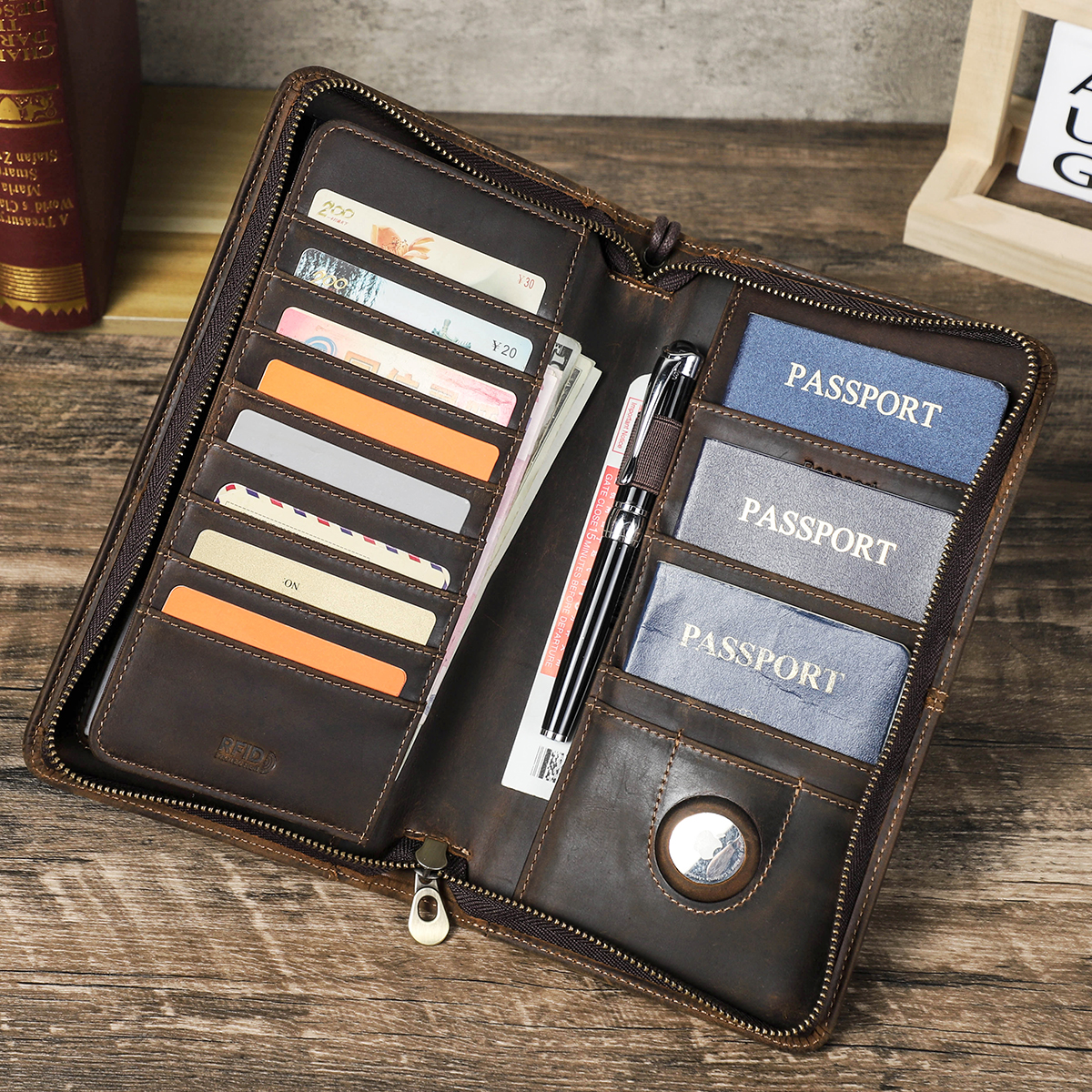 CONTACT'S Carteiras de couro genuíno para passaporte familiar, capa para passaporte, bolsas de viagem, 6 compartimentos para passaporte, personalização gratuita