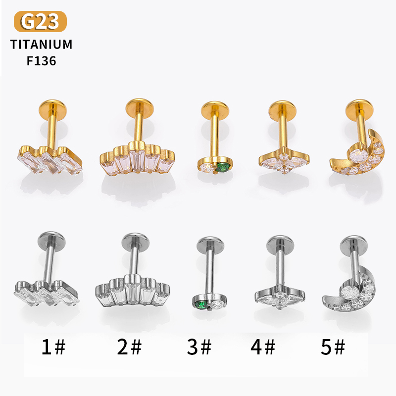 Jóias Piercing banhado a titânio, pequeno Moon Stud, Threadless Push Pin, Labret para Lip, mulher e homem, ASTM F136