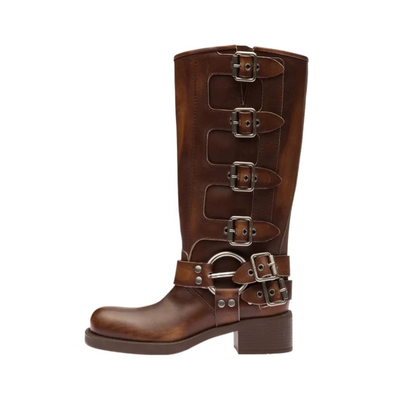 ArdenFurtado Braune Stiefel aus echtem Leder für Damen, Plateau-Stiefel mit Nieten, Motorradstiefel, runde Zehenpartie, Gürtelschnalle, breiter Absatz, Westernstiefel