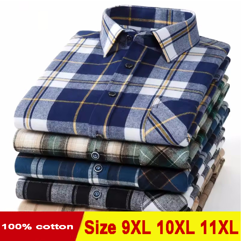 Koszule męskie w kratę z flaneli, rozmiary plus size 11XL 10XL 9XL, długi rękaw, bawełna, modne, codzienne, miękkie, o standardowym kroju, bluzki męskie, odzież.