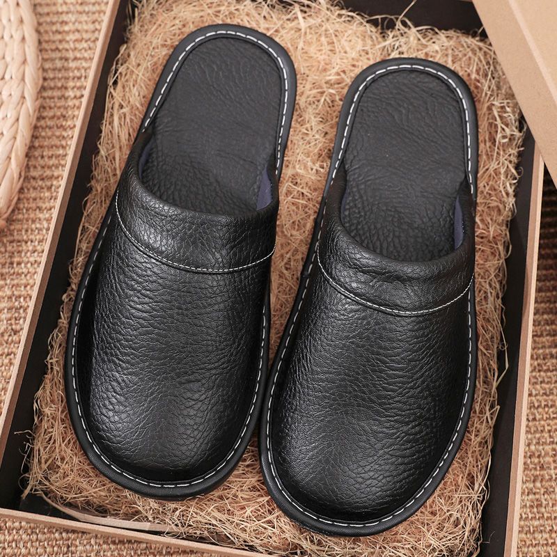 Thuis Lederen Slippers Mannen en Vrouwen Lente 2024 Nieuwe antislip Waterdichte Vloer Schoenen Anti-geur Zachte Zool mannetjes Indoor Slides