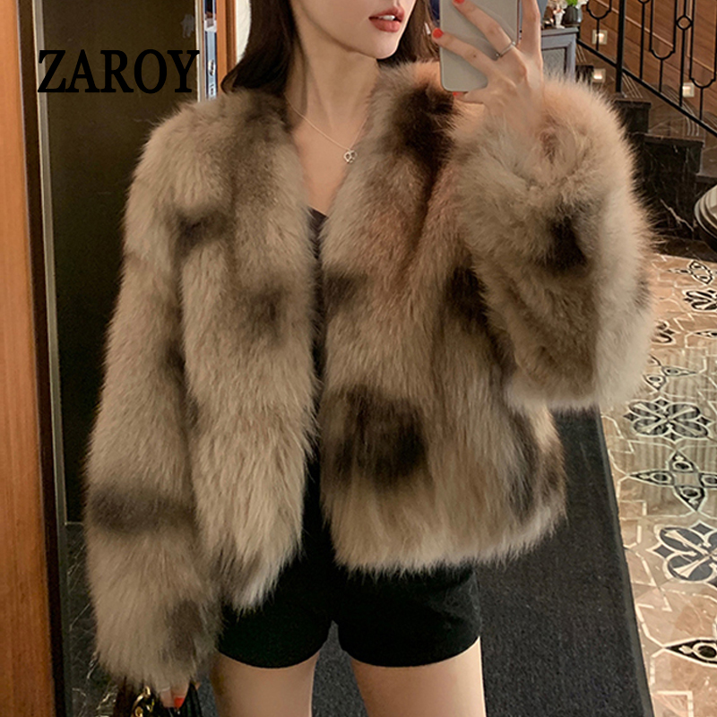 Zaroy casaco de pele sintética gradiente inverno manga longa decote em v ponto aberto grosso quente outerwear fofo jaqueta de pele de raposa artificial шуб