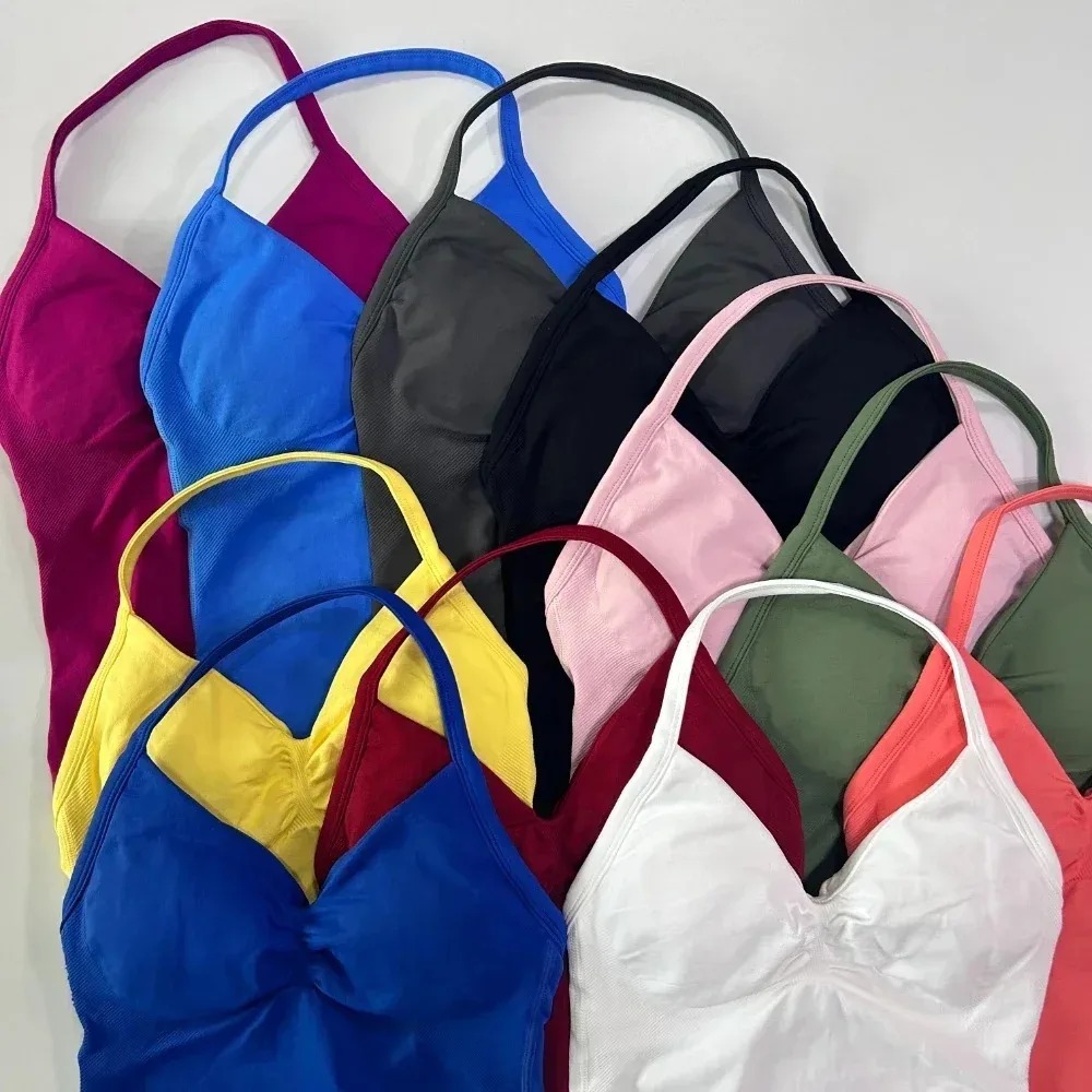 2 Pieces Sport Set Women Backless Tank Tops High Waist Scrunch Seamless Shorts Sport Suit Gym Set Sportswear Workout Set