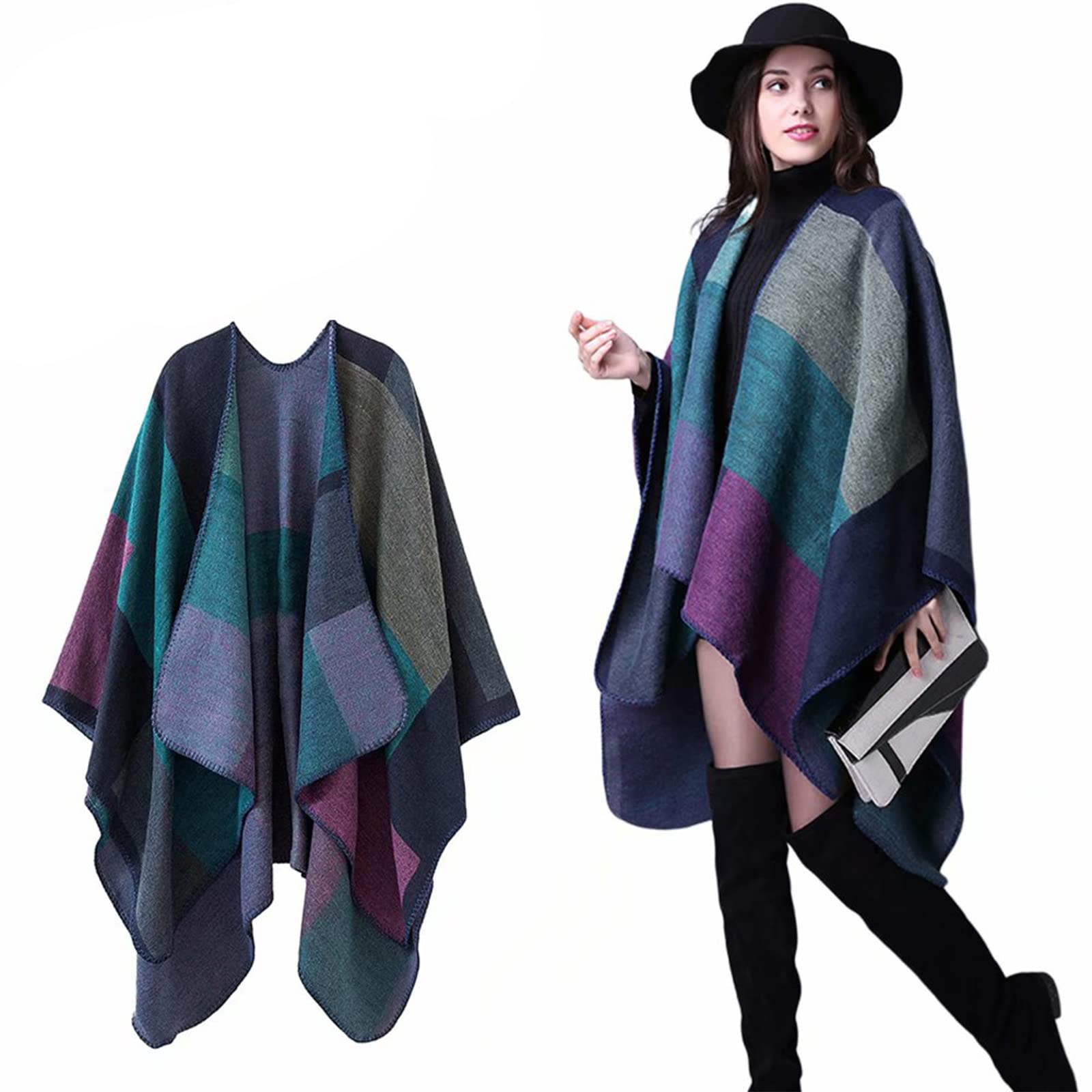Dikker wintersjaal wraps cape dames herfstponcho's plus size blok geruite trui met open voorkant fleece sjaal jas vakantie-outfits