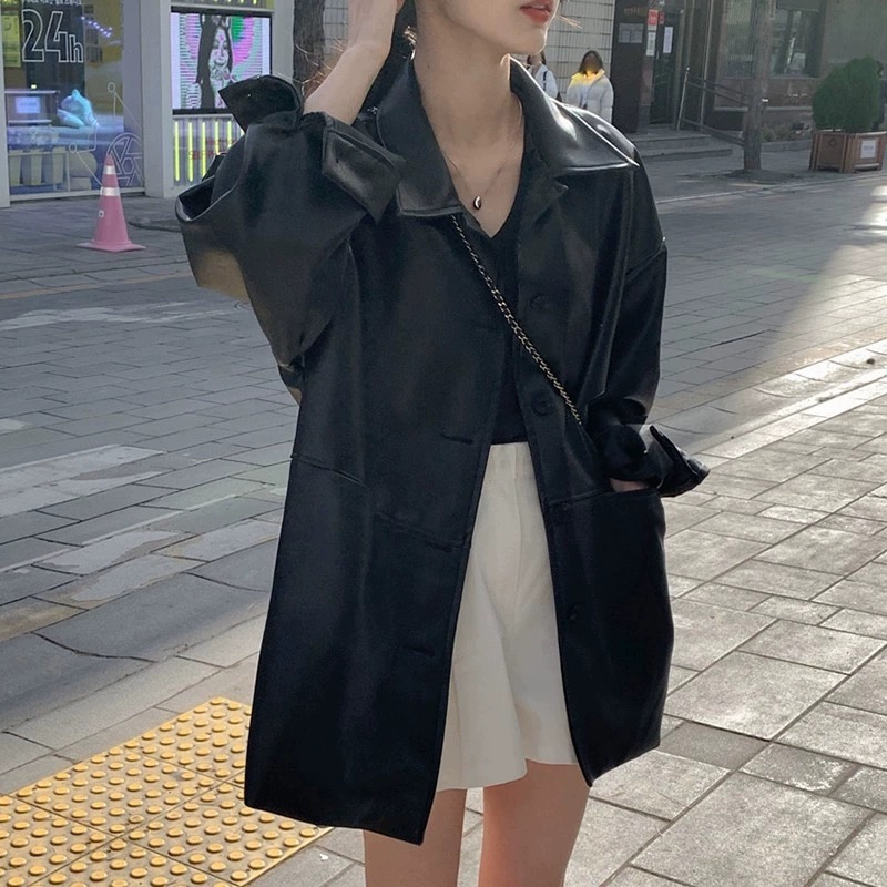 スタイリッシュなシングルボタンレザージャケット女性のルーズ多用途フェイクレザーシャツアウターエレガントな長袖スーツの襟