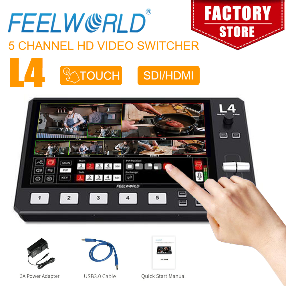 Мультикамера FEELWORLD L4 10,1 дюйма, смеситель для видео с сенсорным экраном, 4xHDMI, 1xSDI вход, хромакей, USB3.0, прямая трансляция
