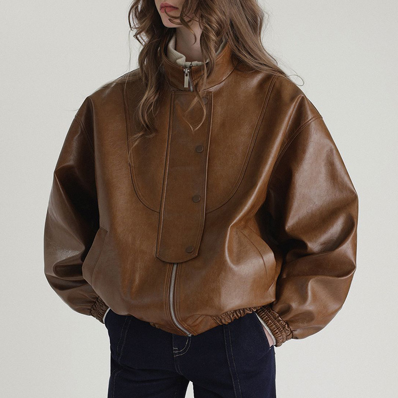 Chaqueta de cuero de vaca con cera de aceite para mujer, abrigo de cuello alto, ropa de calle de cuero de oveja, TF5281, 2024