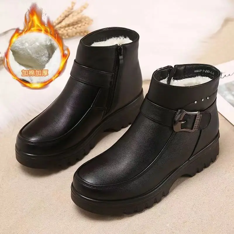 2024 moda inverno mulheres botas de tornozelo de couro do plutônio feminino grosso pelúcia quente botas de neve mãe à prova dwaterproof água antiderrapante botas
