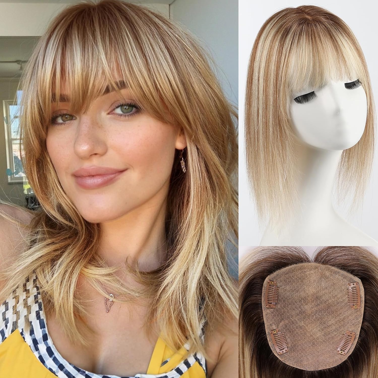 Brązowo-blond pasemka doczepiane z ludzkich włosów, baza jedwabna 5x5,5 cala, 4 klipsy, 12 cali, 100% prawdziwe włosy, doczepiane z grzywką, naturalne dla kobiet.